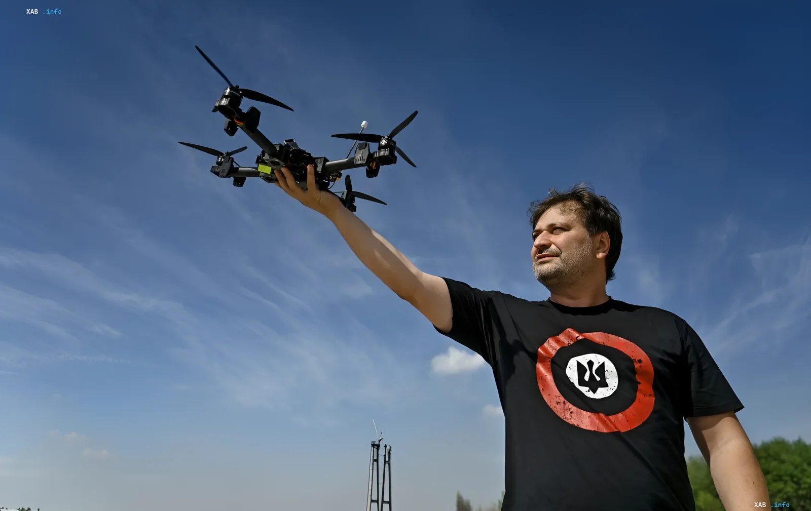 Ukrainian operator launching a drone against a clear sky, symbolizing the fight against Russian 'Sokol-I' drones