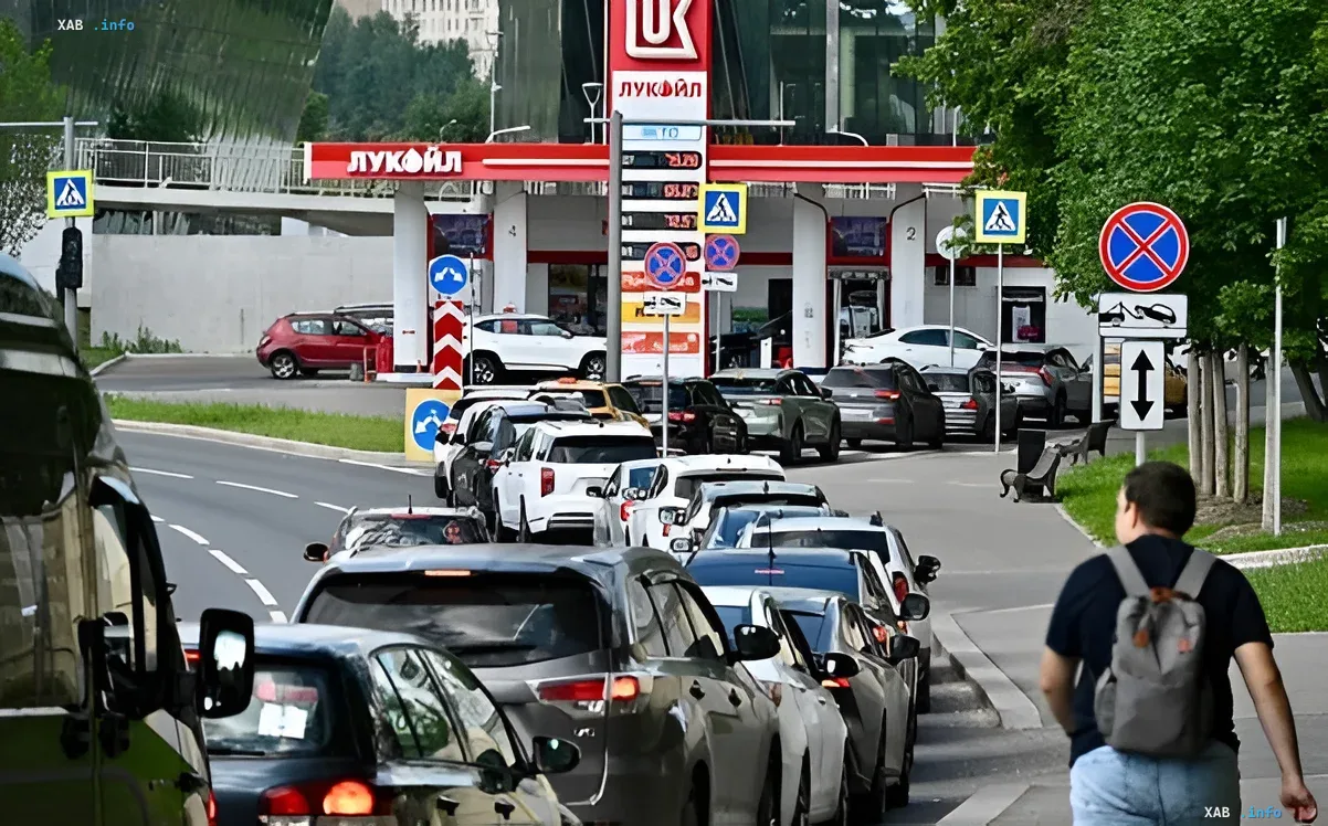 Queues of cars at a Lukoil gas station during the fuel crisis in Russia