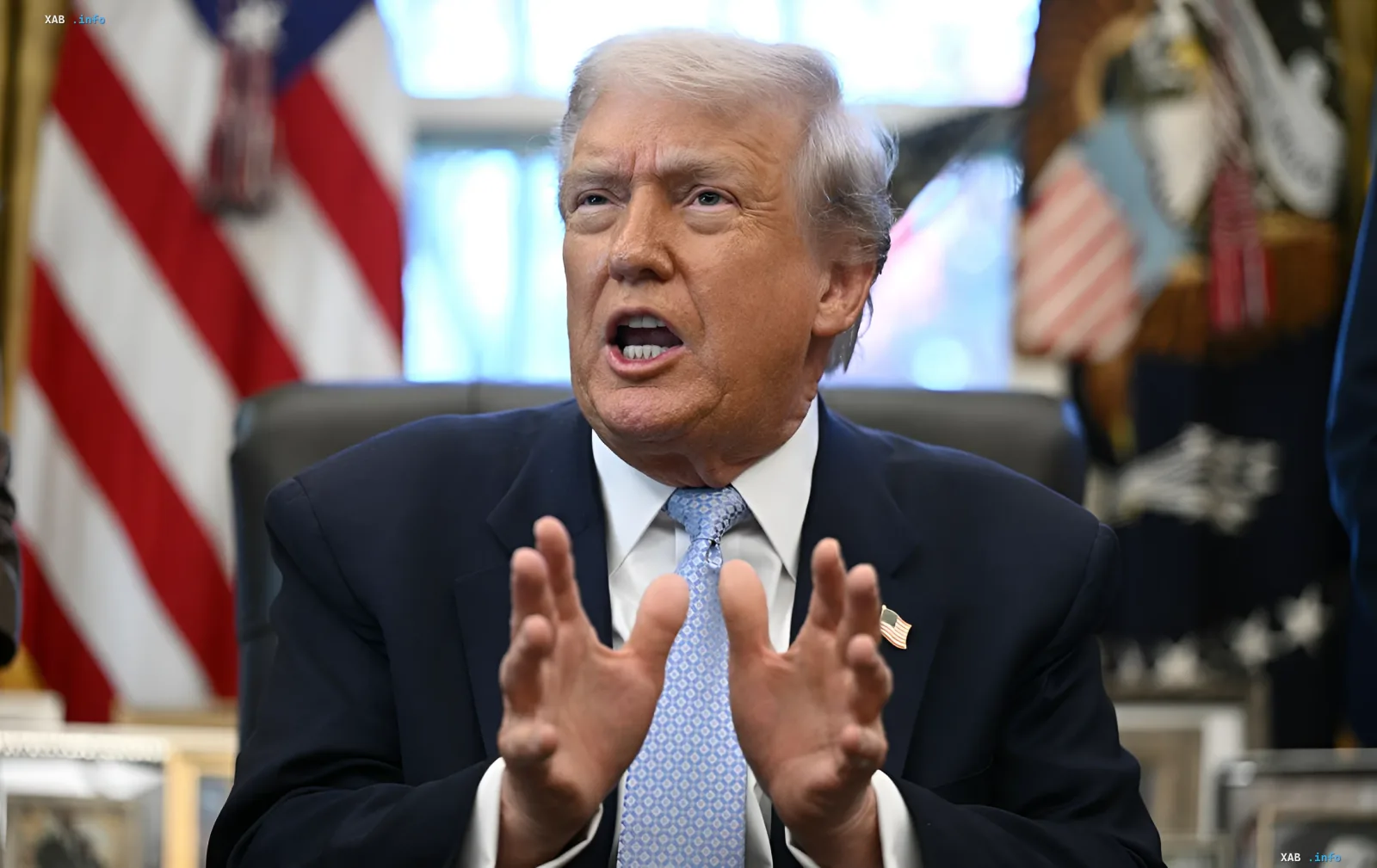 Donald Trump gesturing during a speech, expressing dissatisfaction with NATO allies' defense spending