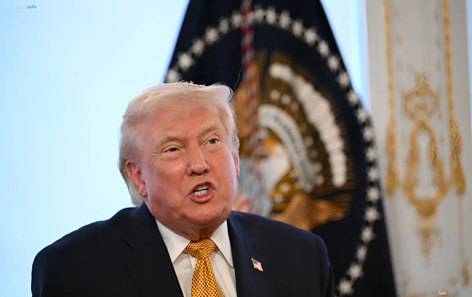Дональд Трамп в деловом костюме с желтым галстуком, выступающий перед флагом США, обсуждает угрозы розничным сетям за высокие цены на бензин.