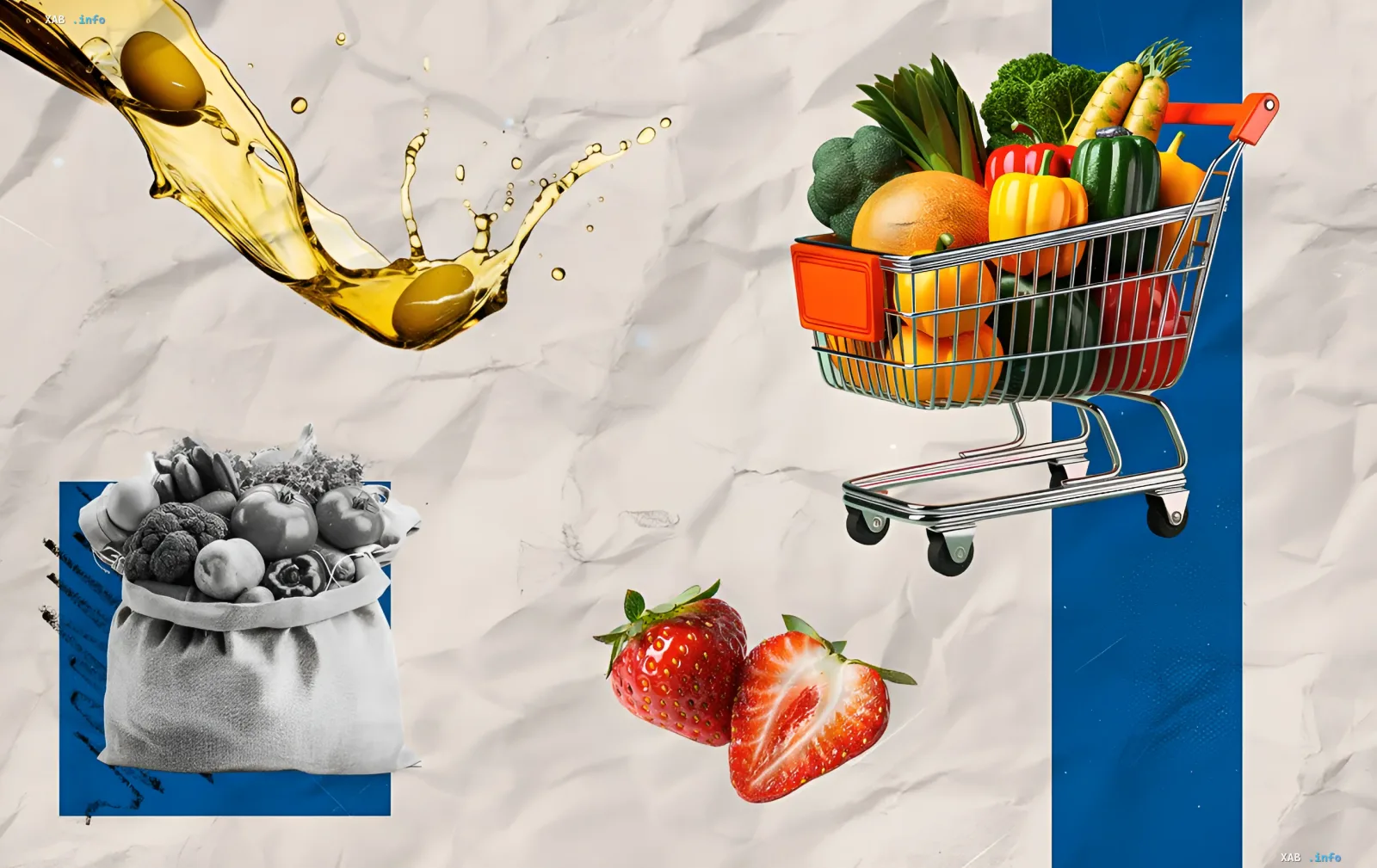 Коллаж с продуктами: корзина с овощами и фруктами, мешок с продуктами, оливковое масло и клубника — иллюстрация к статье о ценах на продукты в украинских супермаркетах 30 июня