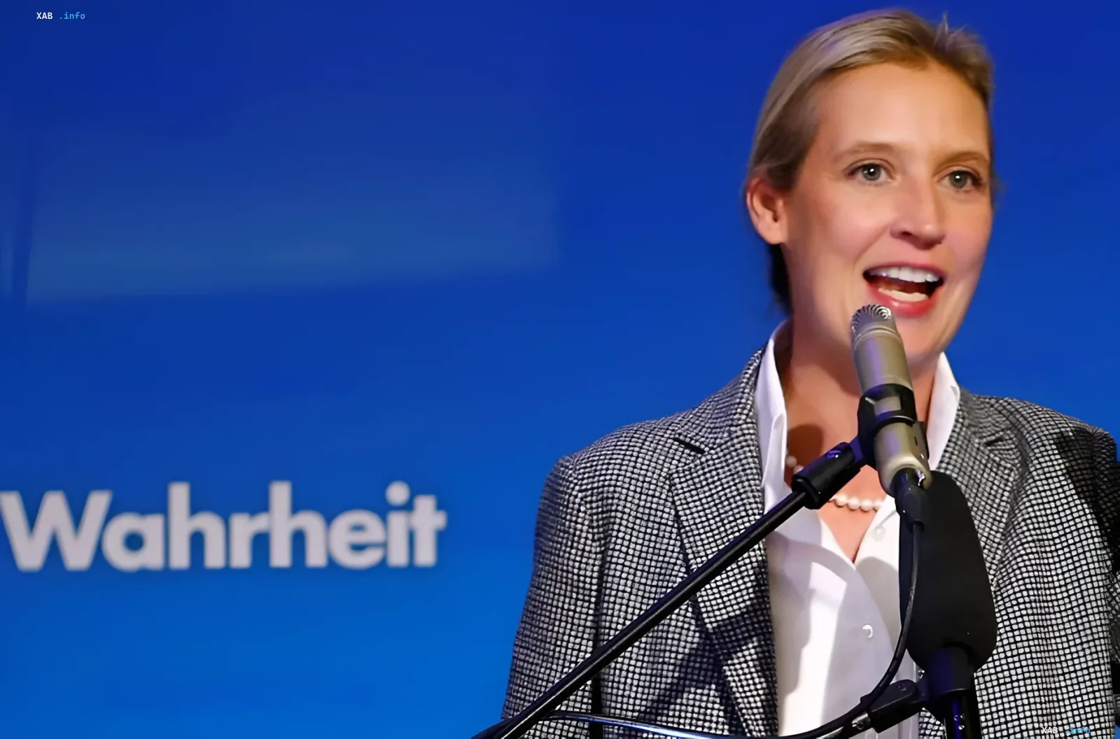 Alice Weidel speaks at an event with the slogan 'Wahrheit' in the background, announcing plans to resume Russian gas imports as part of the energy turnaround