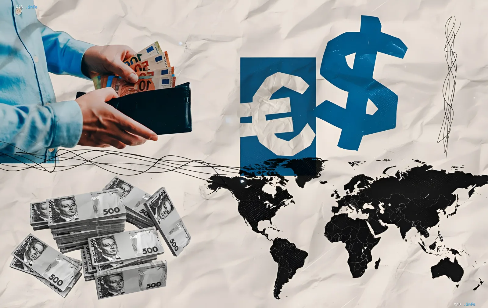 Collage mit Händen, die Euro und Dollar halten, Währungssymbolen und Weltkarte — Illustration für Nachrichten über den Rückgang des Dollar- und Euro-Kurses am 1. Juli