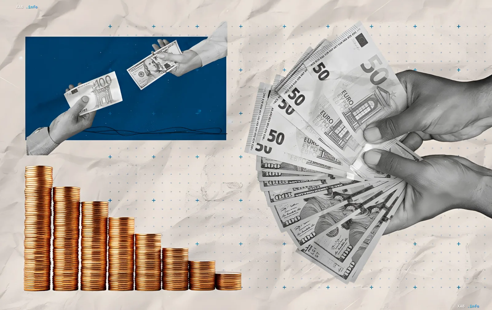 Vergleich von Dollar- und Euro-Kursen: Hände halten 100-Dollar-Scheine und 50-Euro-Scheine, Münzstapel symbolisieren Währungswertänderungen nach der NBU-Entscheidung