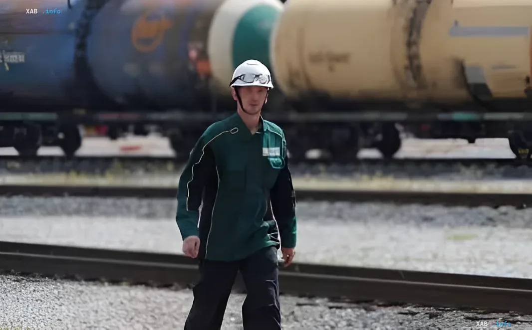 Worker in protective gear at a railway station with tank cars, illustrating the logistics of energy carriers and the paradox of oil and gasoline supplies between Russia and India.
