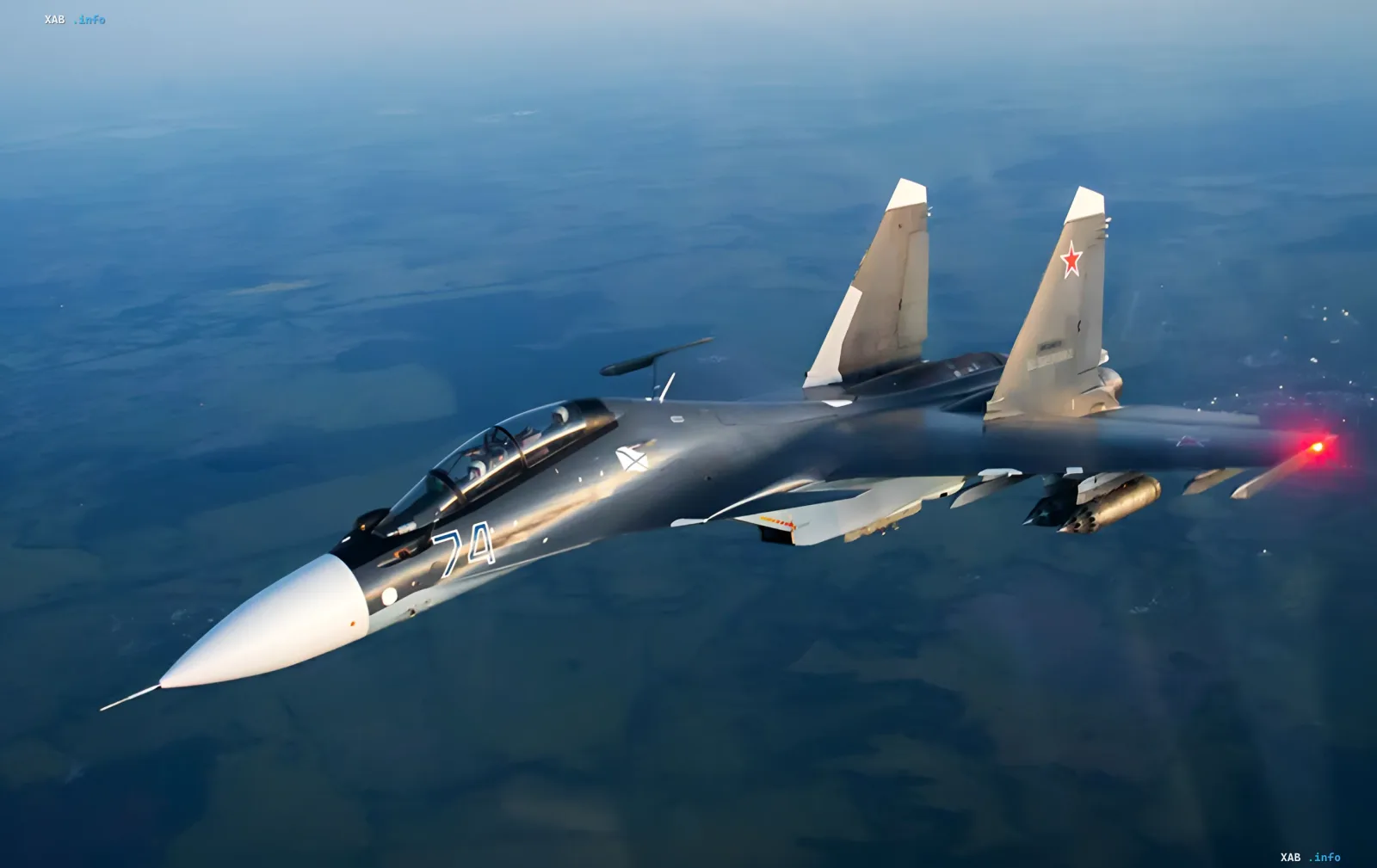 Su-30 fighter jet in flight over Crimea, linked to the news about the strike on Saki airfield