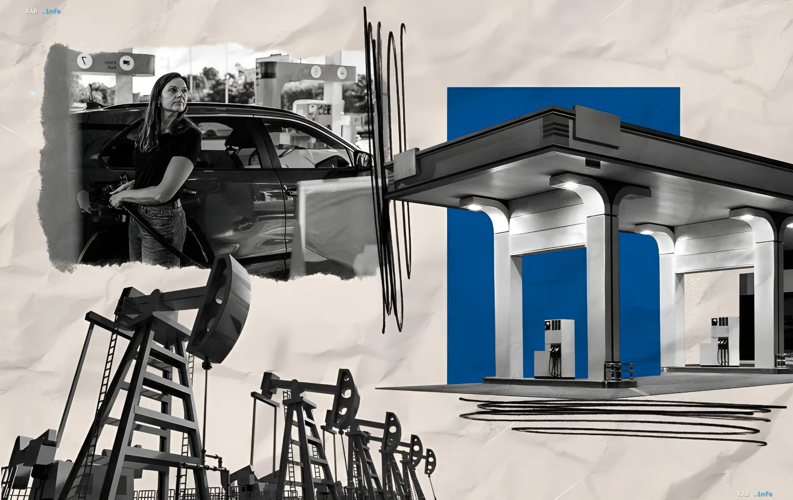 Frau tankt Auto an Tankstelle mit Ölpumpen und modernem Kraftstoffterminal im Hintergrund; Illustration zum Artikel über Kraftstoffpreise in der Ukraine am 1. Juli