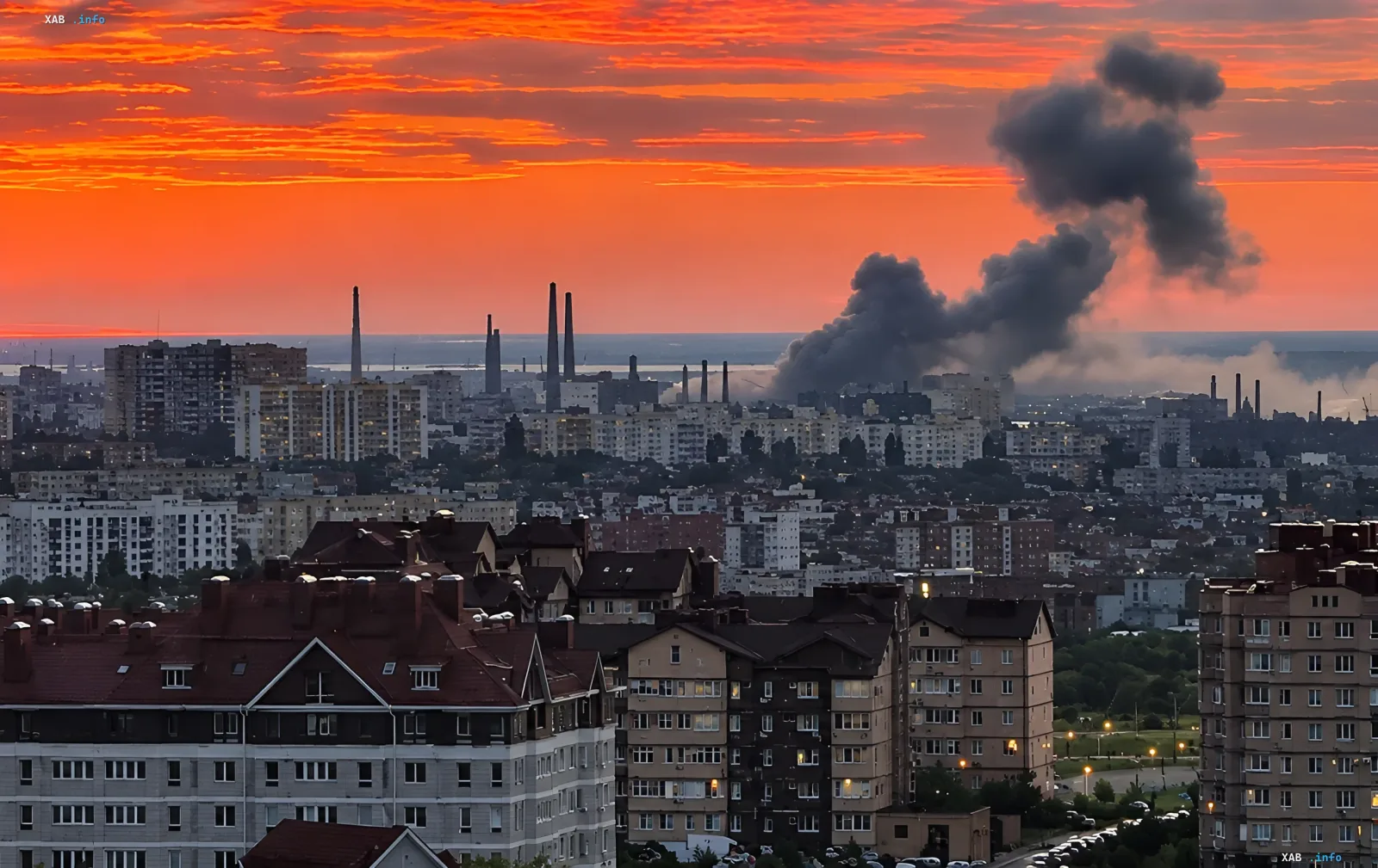 Smoke from the fire at the Titan-Barricades plant in Volgograd after the Ukrainian Armed Forces strike, cityscape against a sunset backdrop