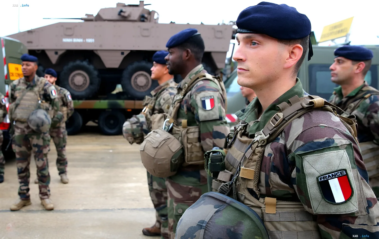 French soldiers in camouflage uniforms and blue berets stand in formation in front of armored vehicles, showcasing readiness for mobilization as part of the new record military budget.