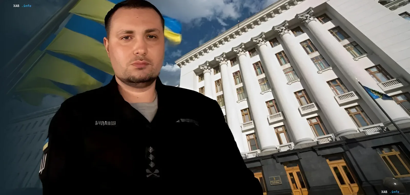 Кирилл Буданов в военной форме на фоне здания с украинским флагом, символизирующий гипотетический проект по росту популярности