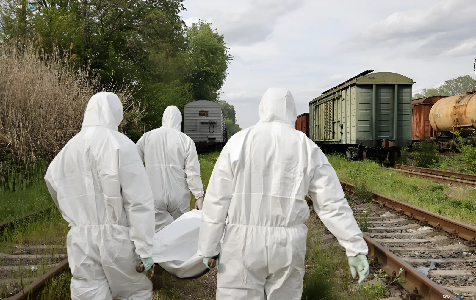 Specialists in protective suits transport a body against a backdrop of railway wagons — symbolizing human losses in the war with AI and drones by summer 2026