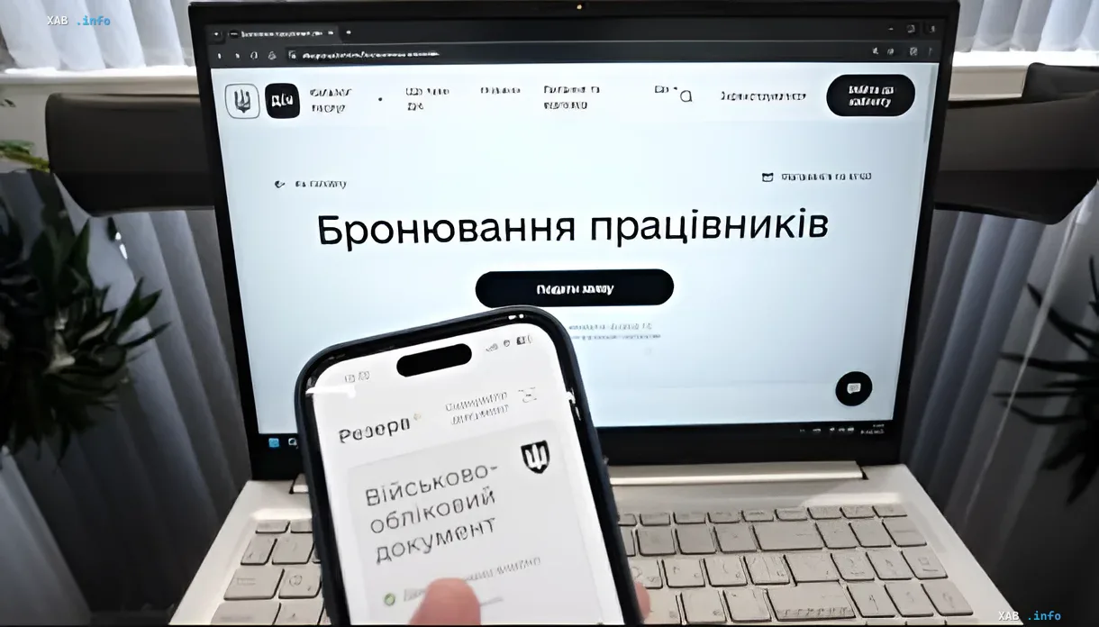 Ноутбук с интерфейсом бронирования работников и смартфон с военным учетным документом — символ новых правил для критических предприятий Украины