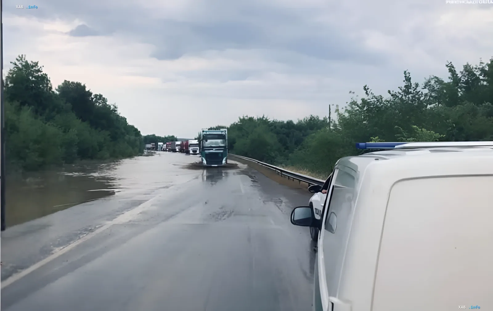 Flooded highway in Rivne or Ternopil region: trucks stuck in traffic due to road flooding