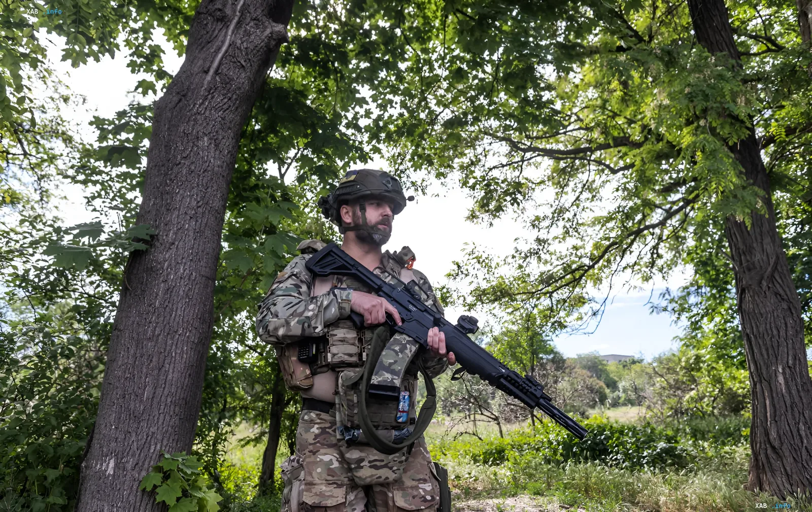Ukrainian soldier in camouflage with rifle standing in forest — symbol of those deserving medical care and fair discharge rights