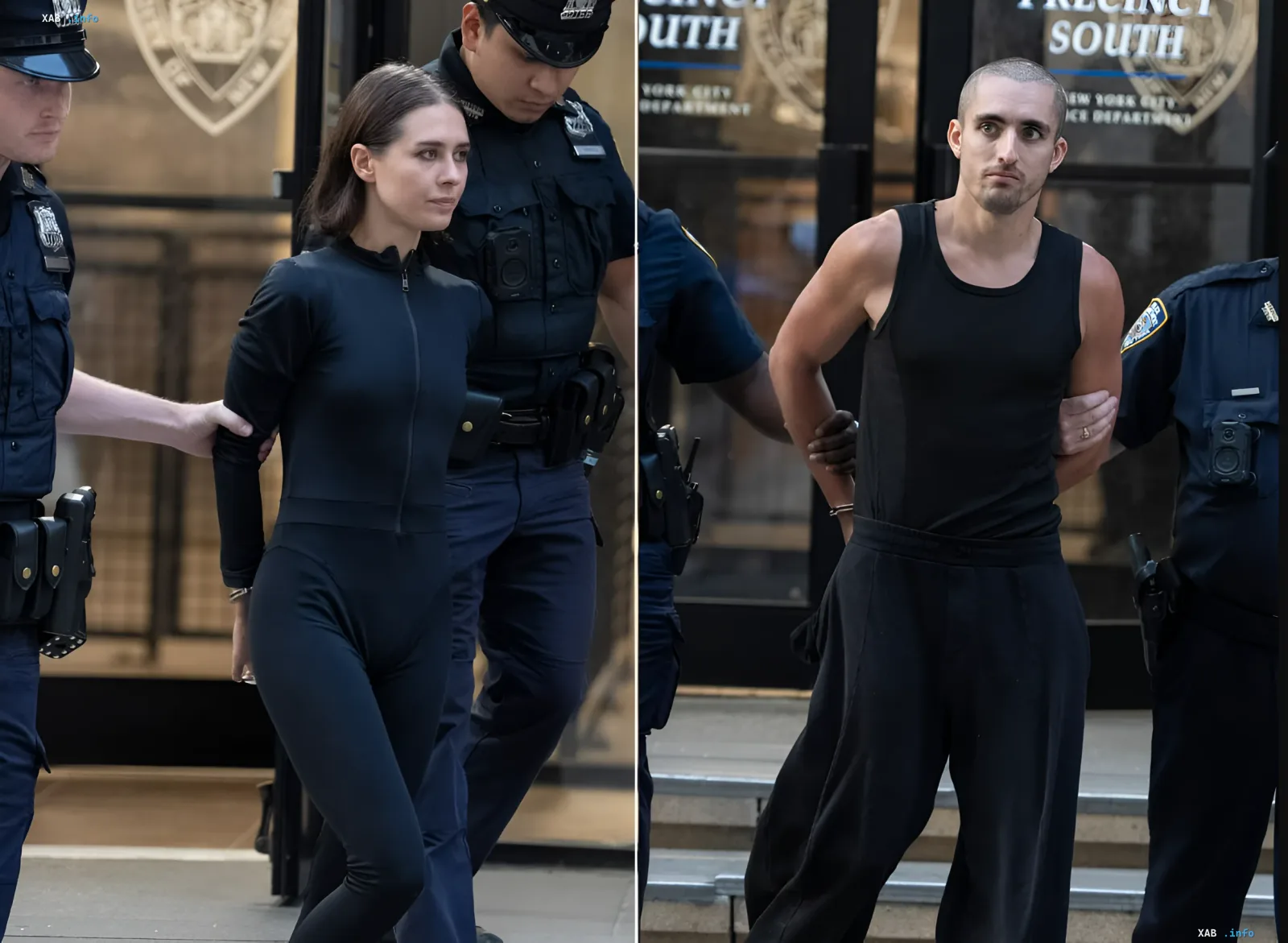 Arrest of roofers-bloggers at Empire State Building: woman in black suit and man in tank top under police escort