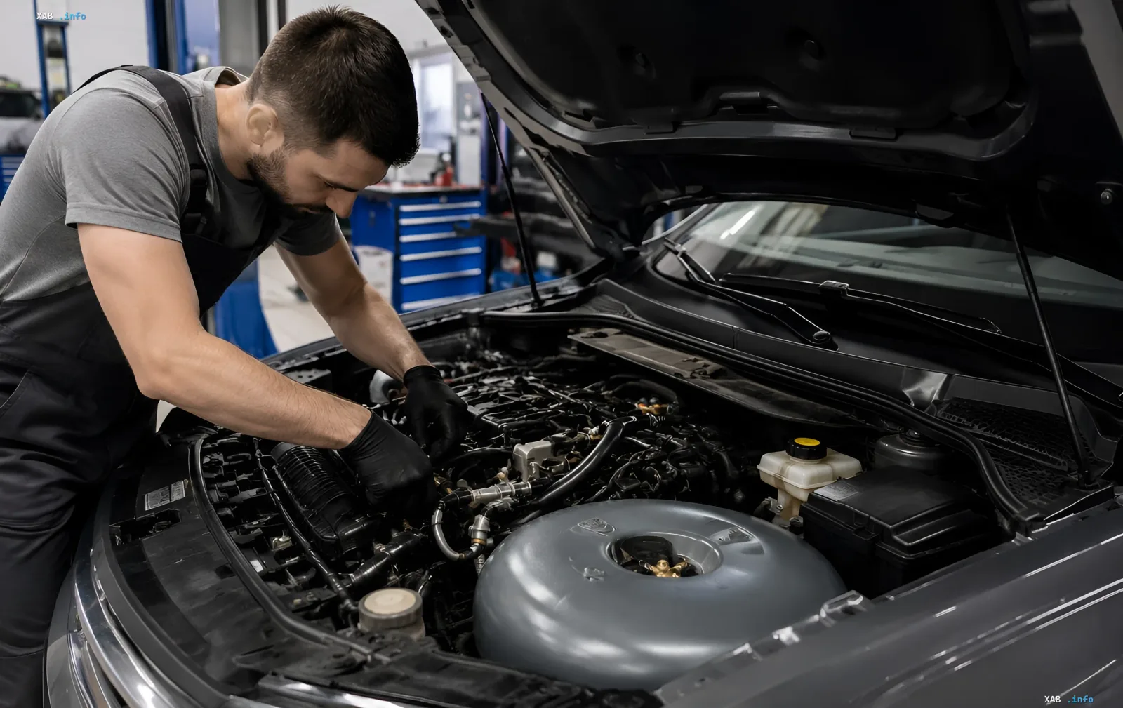 Mechaniker installiert Gaseinrichtung (LPG) in einem Auto angesichts der Treibstoffkrise in Russland
