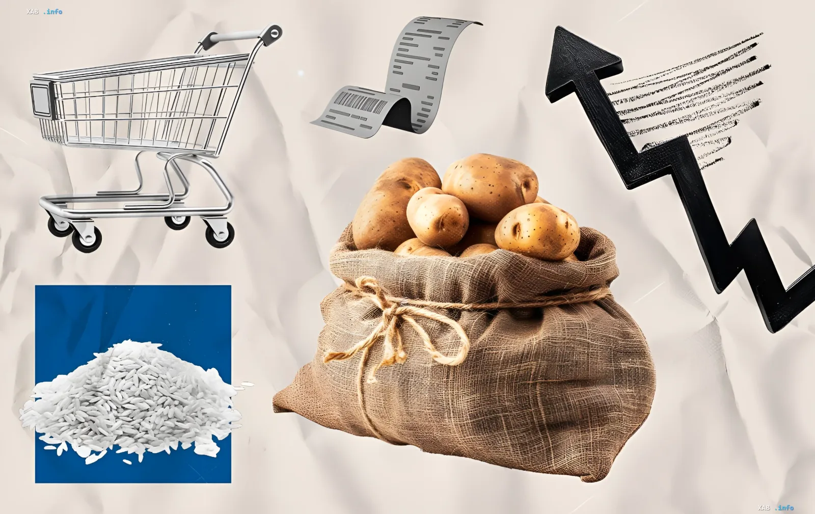 Інфографіка про ціни на продукти: кошик, мішок з картоплею, рис і графік зростання цін в українських супермаркетах