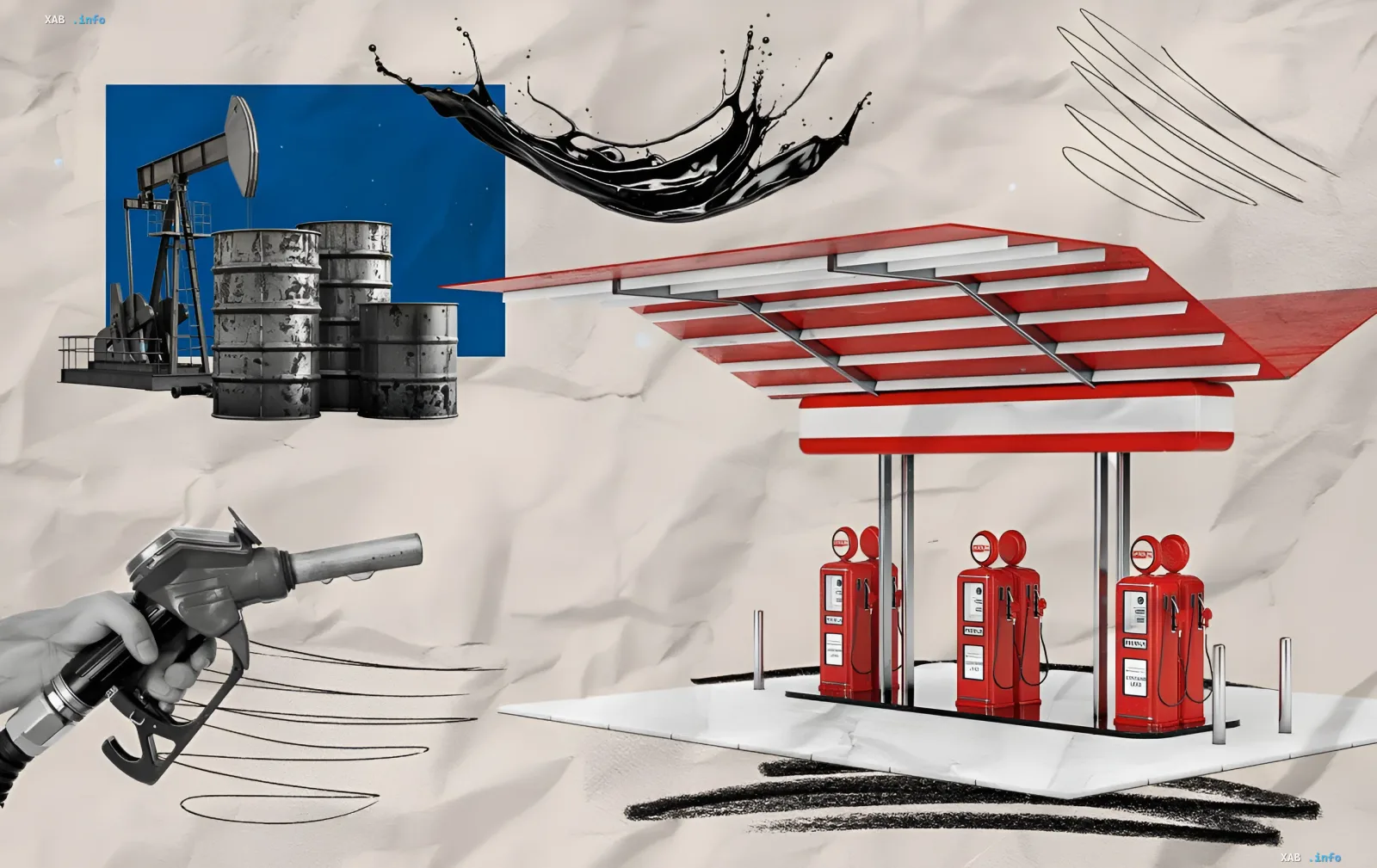 Kollage mit Tankstelle, Ölpumpe und Kraftstoffpistole, die das Thema Kraftstoffpreise in der Ukraine und die Situation bei Ukrnafta illustriert