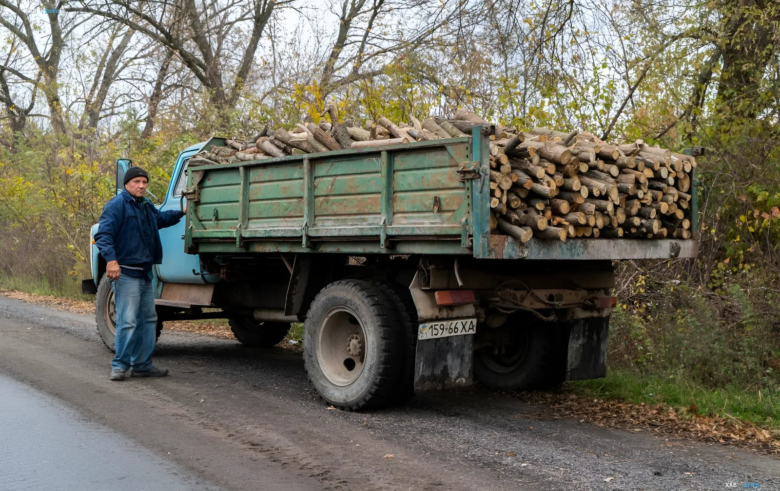 Ein Mann mit einem Lastwagen, beladen mit Brennholz, auf einer Straße im Herbstwald, der das Thema staatliche Entschädigung für die Heizung eines privaten Hauses illustriert.