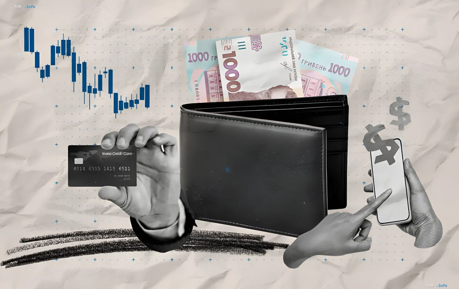 Гаманец з гривнями, кредитна картка та графік курсу валют: долар падає, євро зростає на українському ринку
