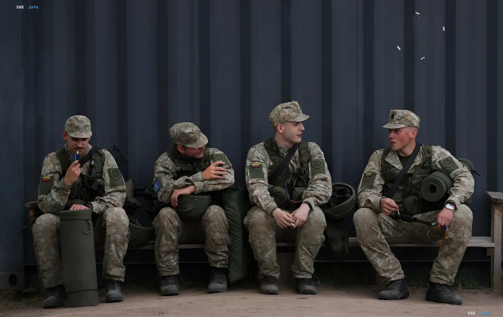 Литовские военные в камуфляжной форме сидят на скамейке, обсуждая стратегию НАТО в контексте возможной отмены запрета на ядерное оружие