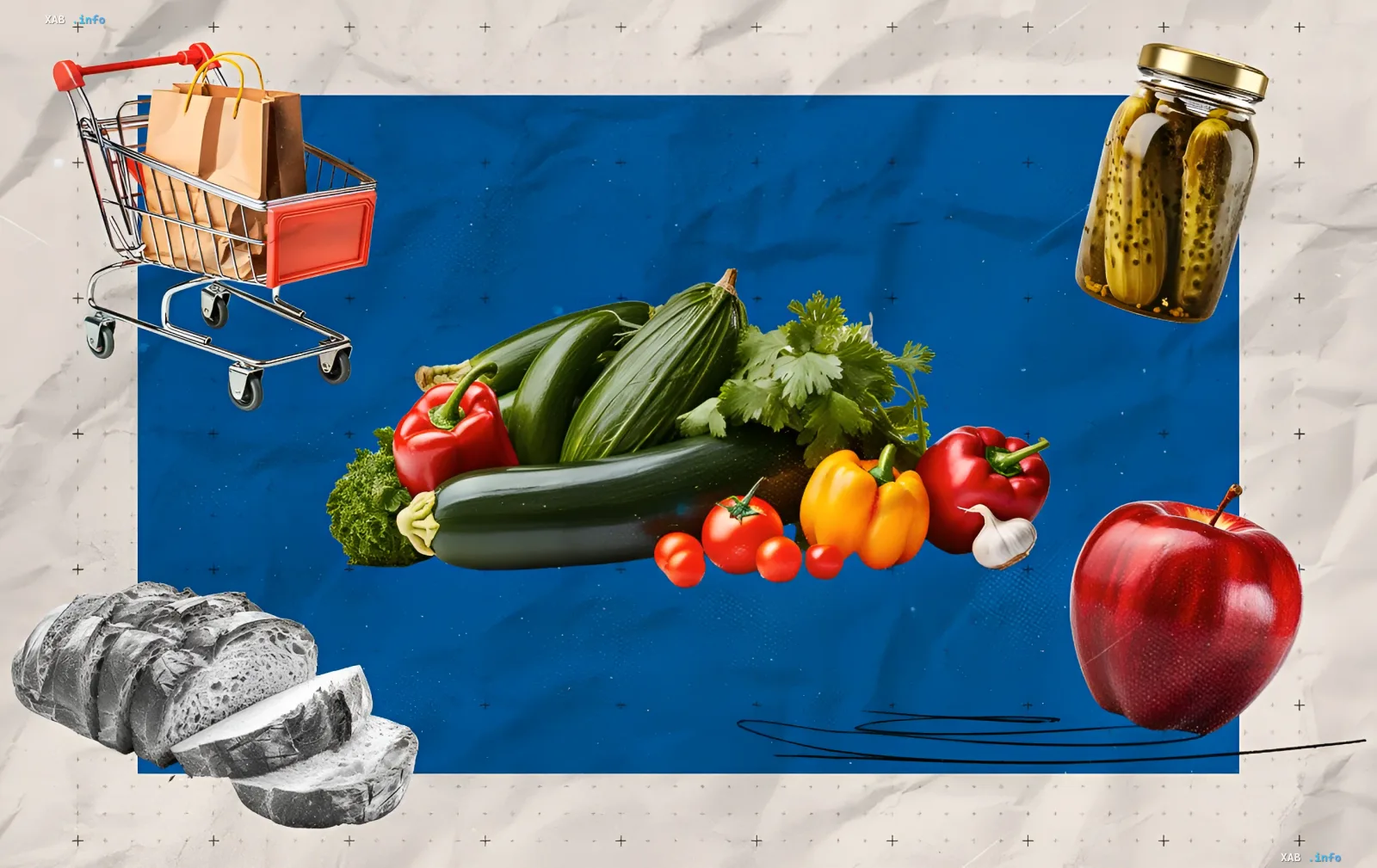 Kollage von Lebensmitteln: Einkaufswagen mit Taschen, frisches Gemüse (Zucchini, Paprika, Tomaten), Brot, Apfel und Glas Gurken — Illustration zur Preisübersicht in ukrainischen Supermärkten am 3. Juli
