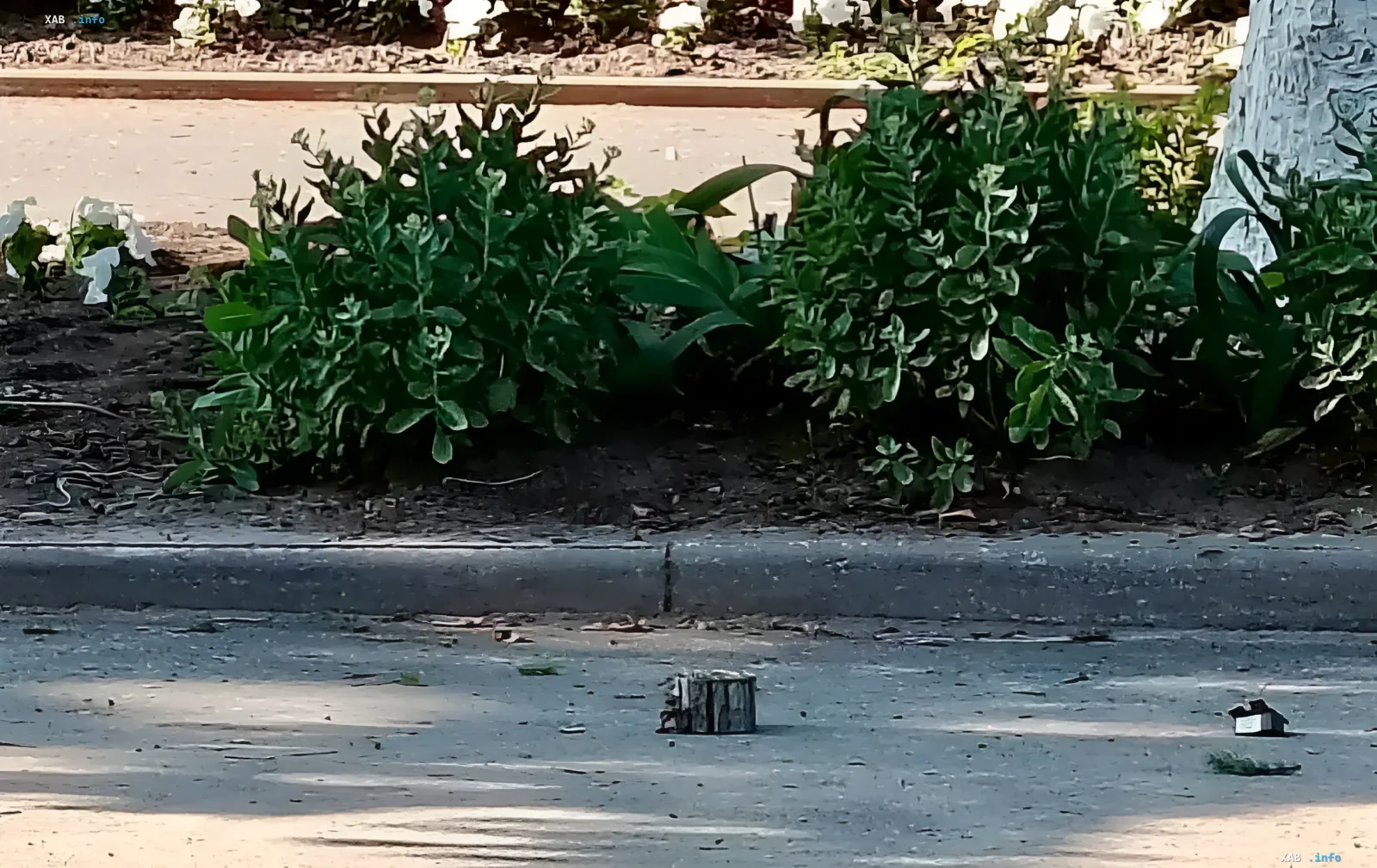 Explosion site in the center of Rylsk: debris and damaged road after the car with officials was blown up by a mine