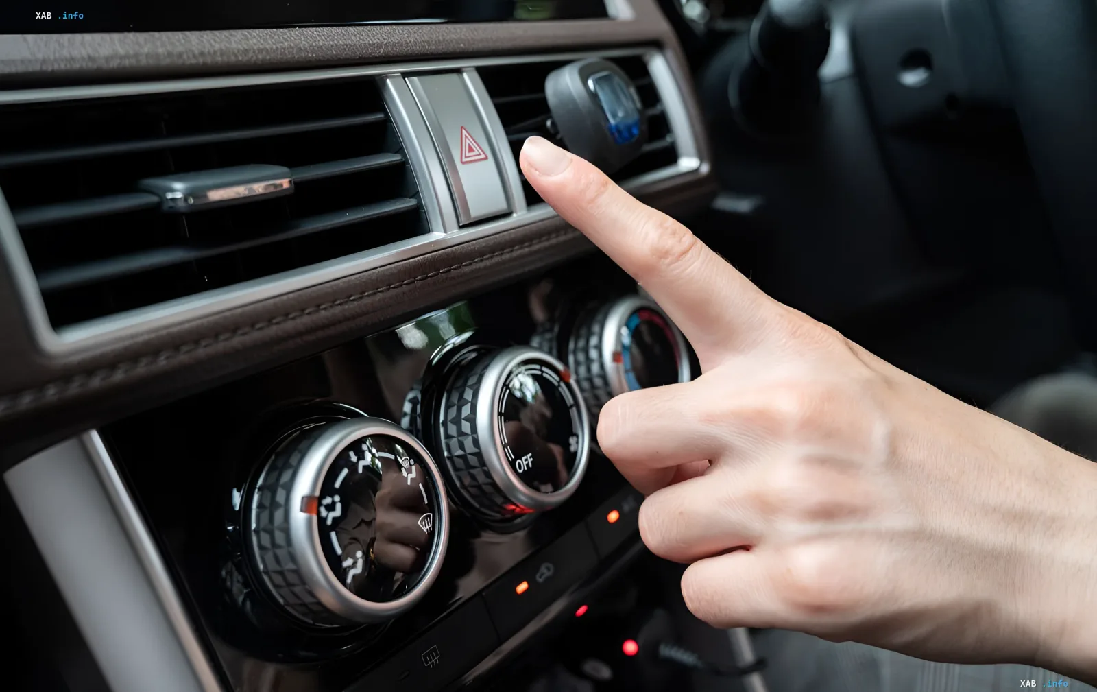Driver pressing hazard lights button inside car — visual for article debunking traffic myth