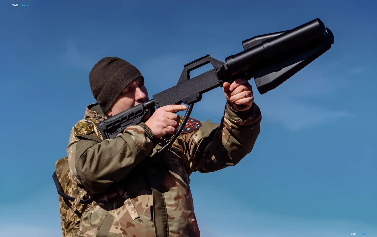 Ukrainian soldier with EW system to counter Shahed drones and cruise missiles
