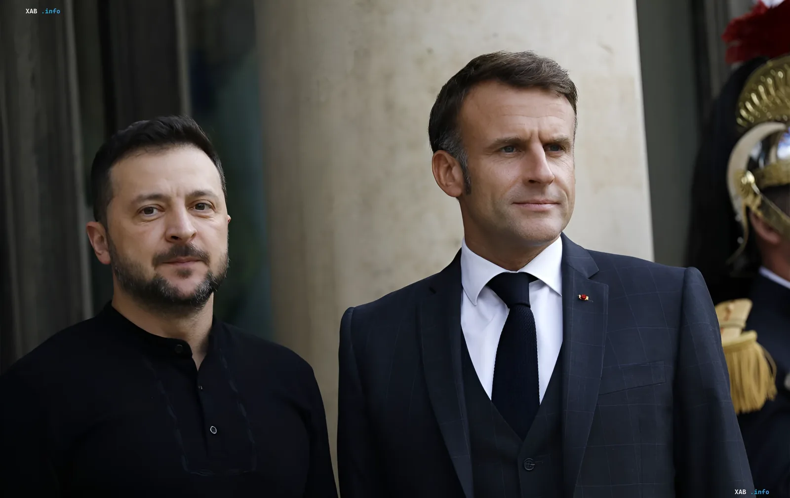 Volodymyr Zelenskyy and Emmanuel Macron at a joint meeting, discussing diplomacy and air defense