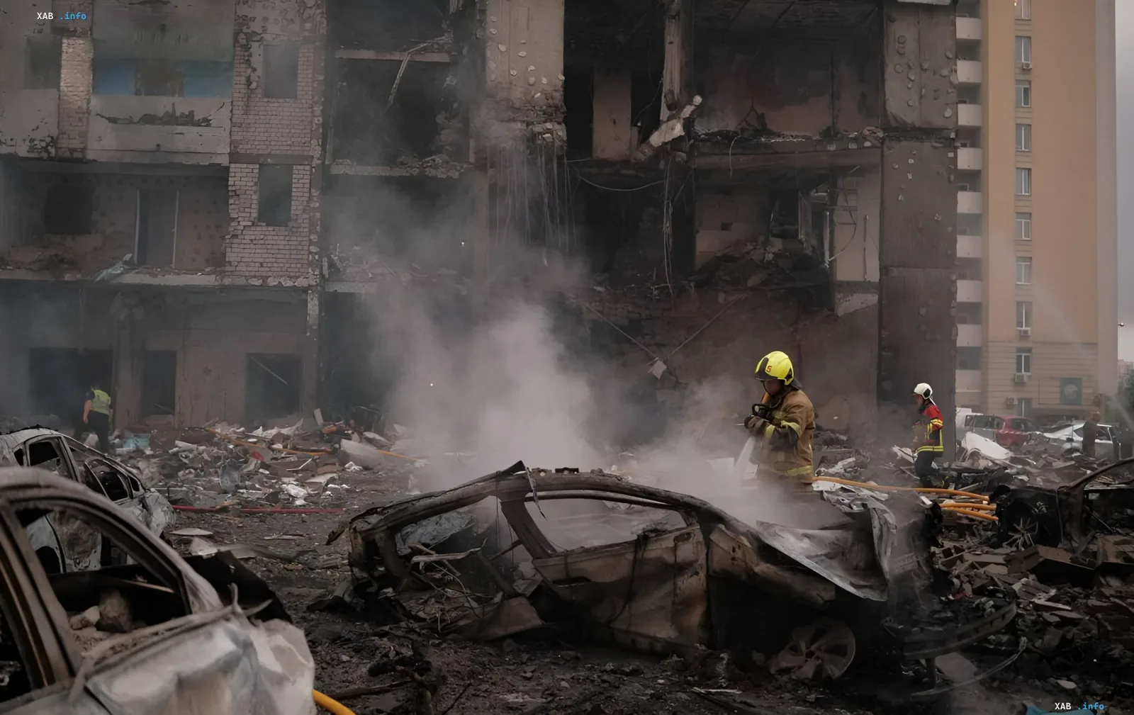Пожежники гасять загоріліся автомобілі на тлі зруйнованого житлового будинку в Києві після прориву ППО та падіння балістичних ракет