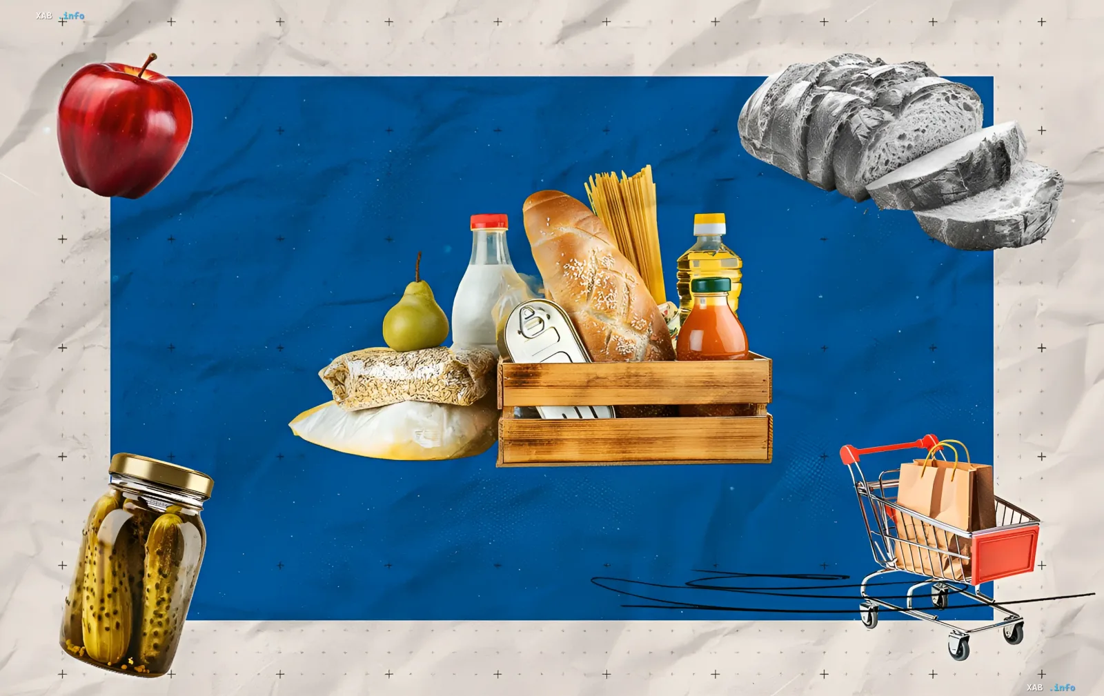 Колаж з продуктами харчування: яблуко, хліб, молоко, макарони, олія, консерви та кошик із покупками — ілюстрація до новини про ціни на продукти в Україні