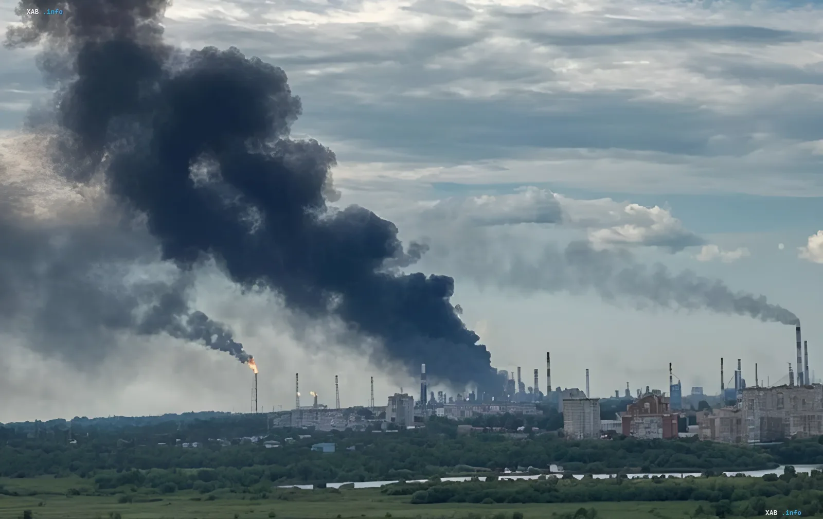 Крупнейший нефтеперерабатывающий завод в Омске охвачен огнем после удара украинских дронов, густой черный дым поднимается в небо