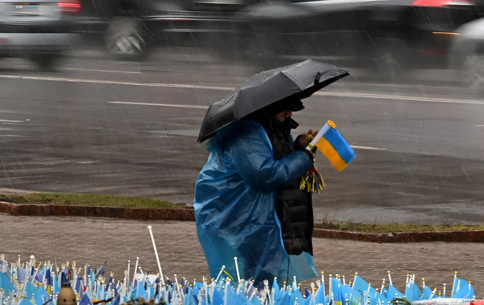 Person in blue raincoat holding Ukrainian flag under umbrella during heavy downpour on road with moving cars