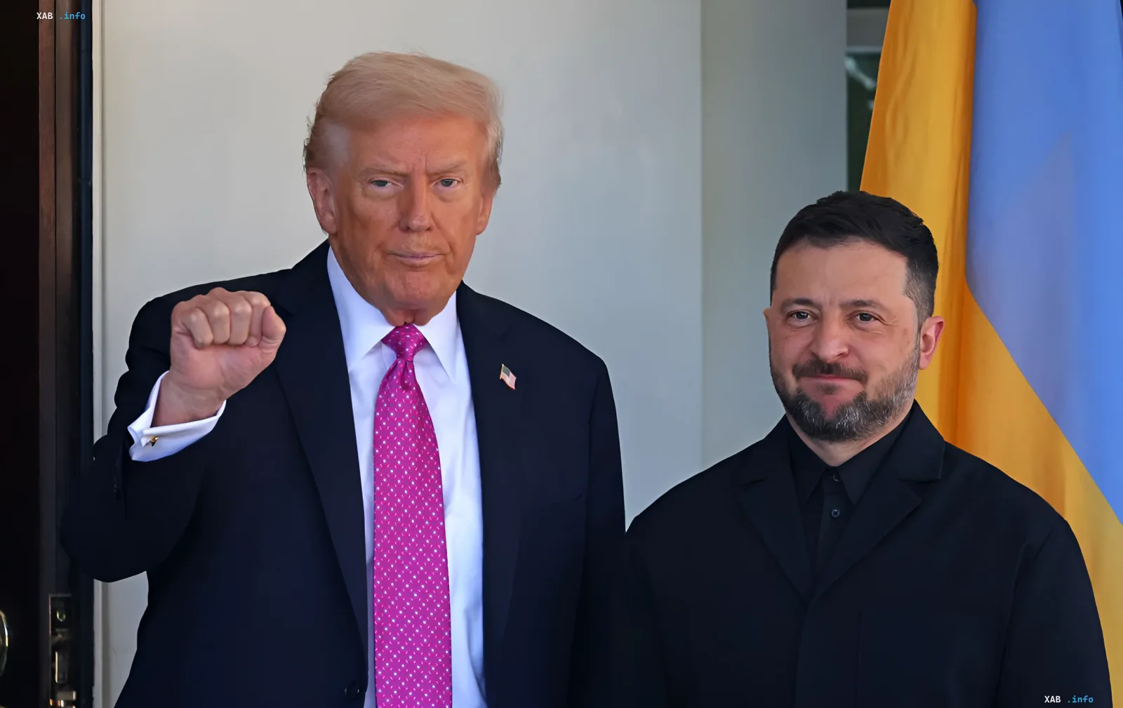 Donald Trump and Volodymyr Zelenskyy stand side by side against the backdrop of the Ukrainian flag, Trump makes a fist gesture symbolizing support or determination in the context of negotiations in Ankara