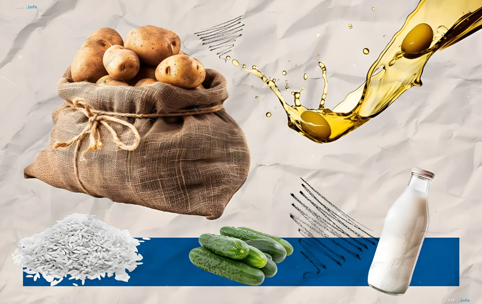 Мешок с картофелем, рис, огурцы, оливковое масло и молоко — базовые продукты, цены на которые меняются в украинских супермаркетах на 7 июля