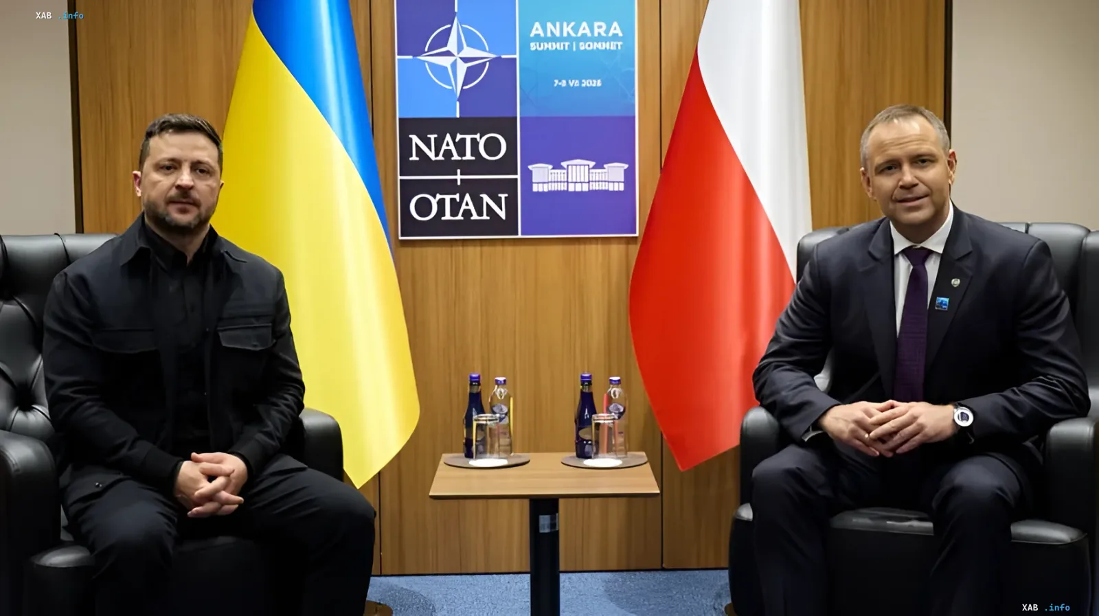 Зустріч Володимира Зеленського та міністра закордонних справ Польщі в Анкарі на фоні прапорів України та Польщі та логотипу НАТО
