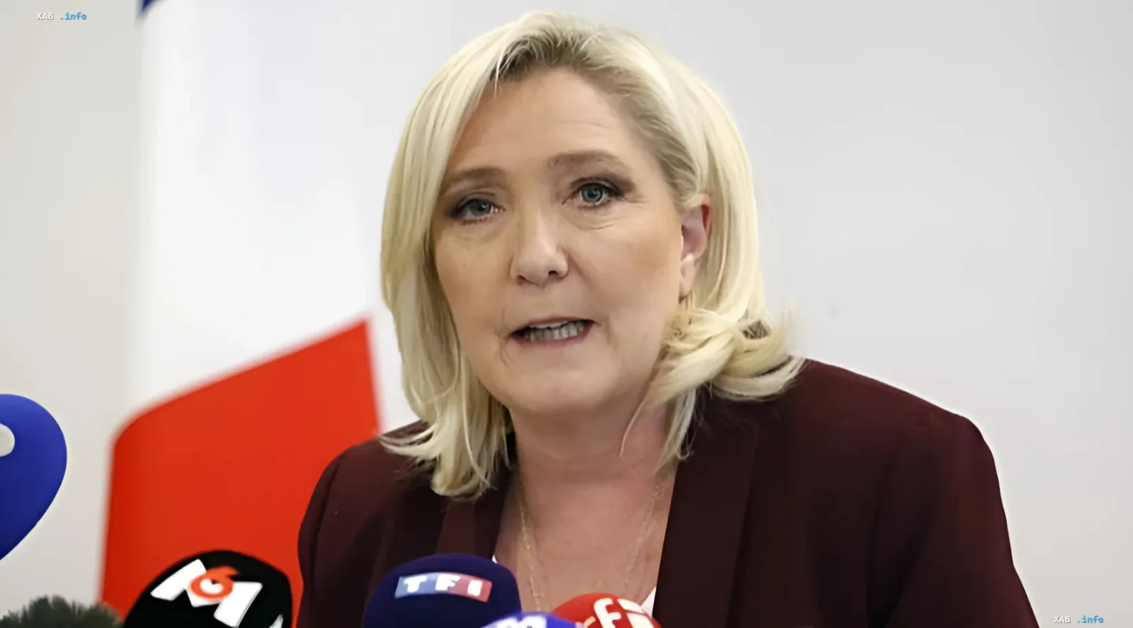 Marine Le Pen at a press conference with media microphones, discussing poll results and court rulings affecting the French presidential race
