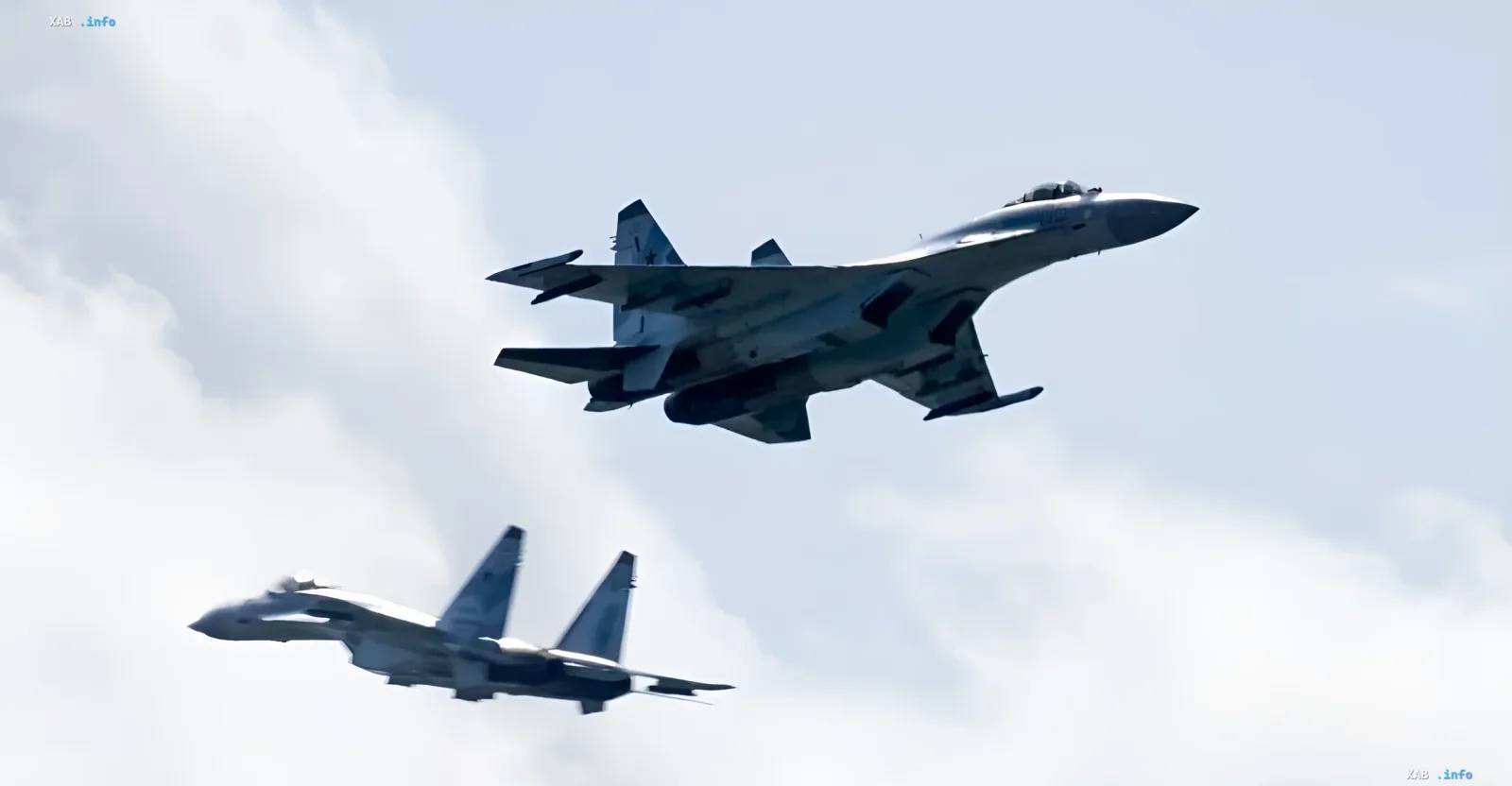 Истребители Су-35 в полете над облаками — иллюстрация к статье о тактике засады ПВО ВСУ против истребителя с векторной тягой на восточном фронте