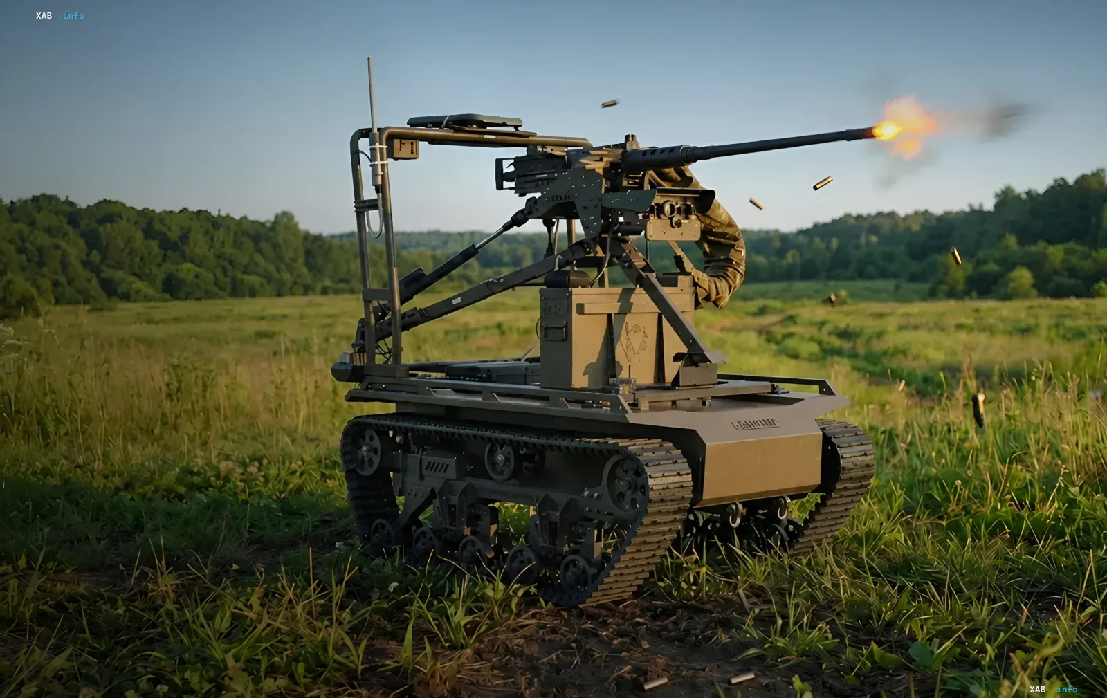 Боевой робот-пулеметчик Tanchik Droid 12.7 на гусеничном ходу в действии на поле