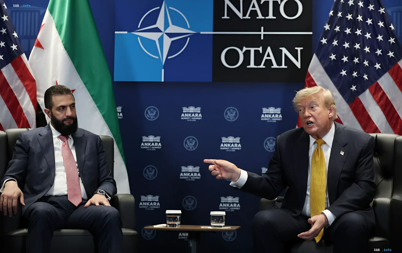Donald Trump and the Syrian leader during a meeting with the flags of the USA and Syria in the background, discussing possible changes in Syria's status