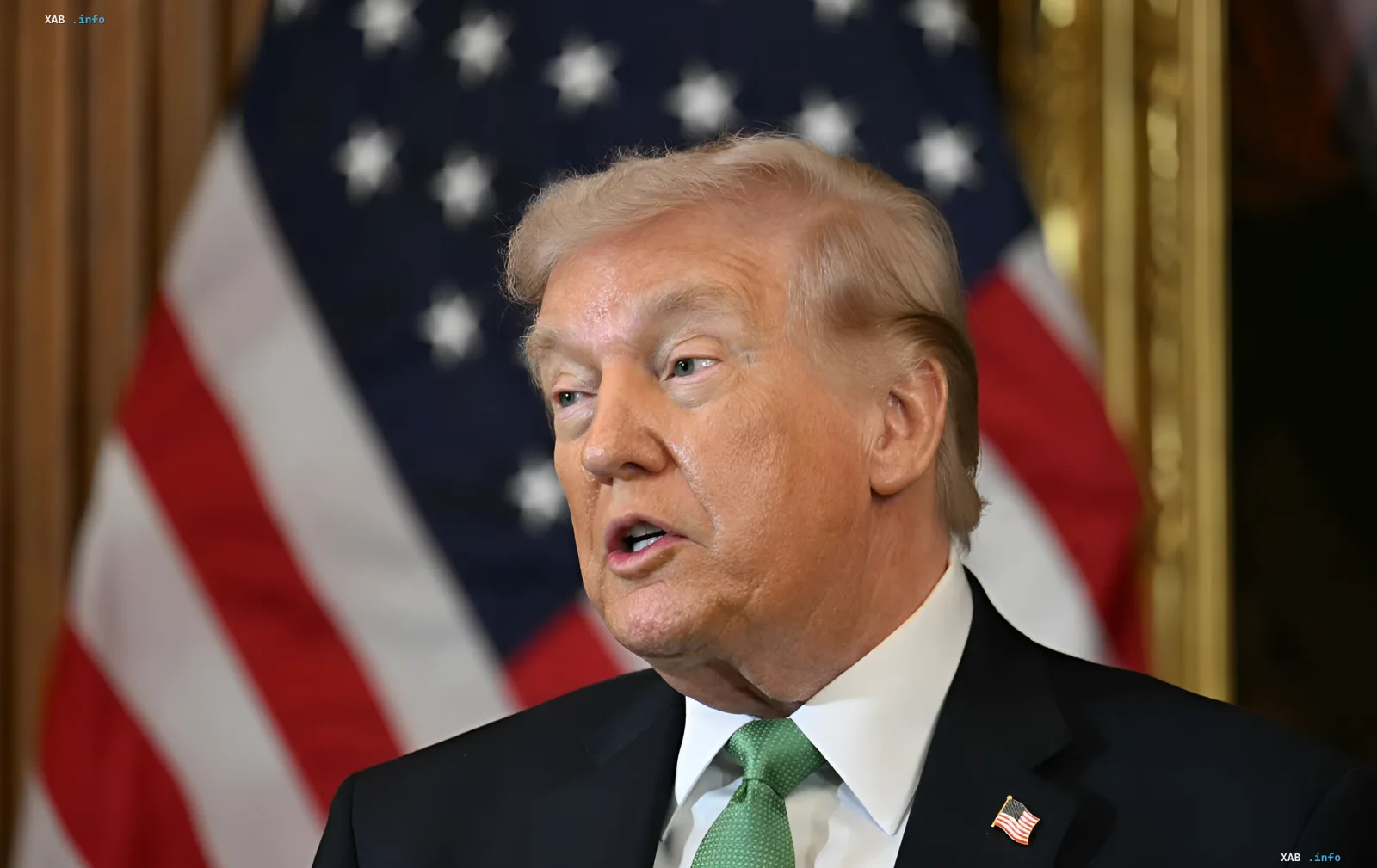Дональд Трамп в костюме с американским флагом на фоне, подтверждает участие США в НАТО и продажу оружия