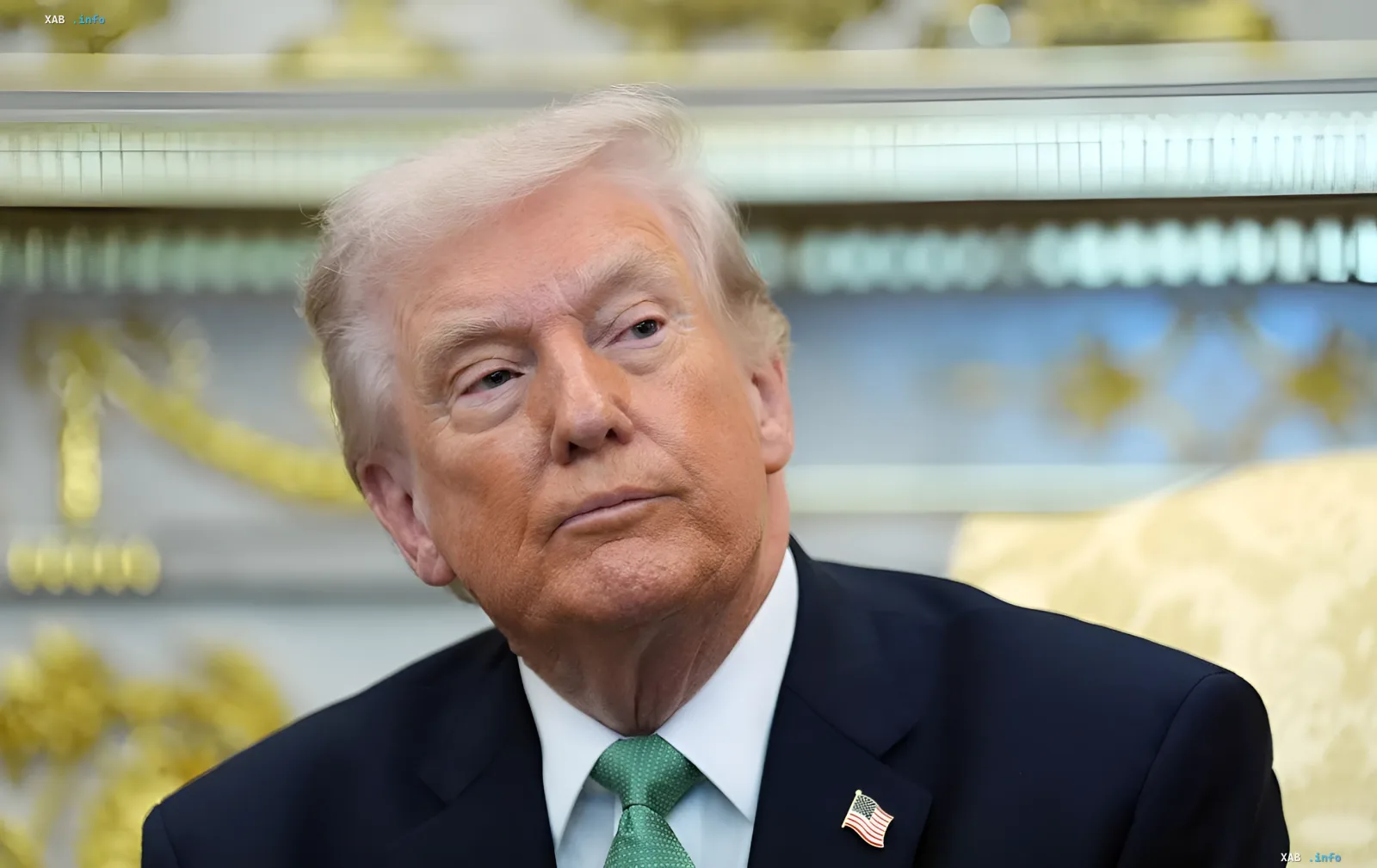 Donald Trump in a business suit with an American flag pin, thoughtful expression against a luxurious backdrop — symbolizing the tense geopolitical situation following the breakdown of ceasefire with Iran