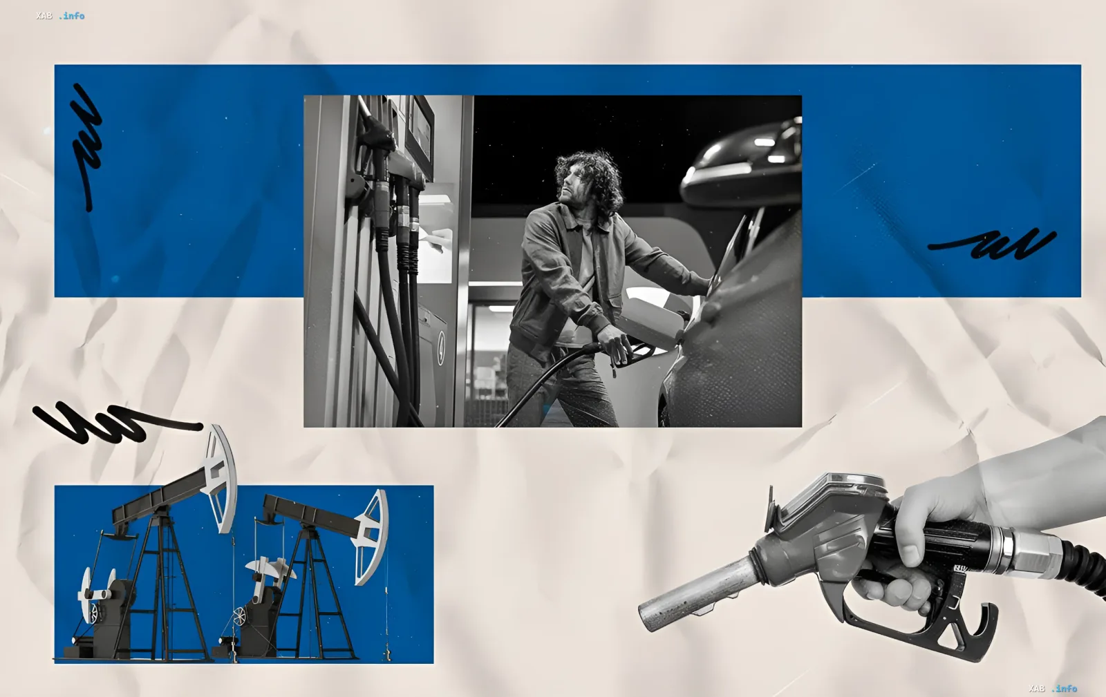 Коллаж с заправкой автомобиля, нефтяными вышками и пистолетом АЗС — визуализация снижения цен на дизель от «Укрнафта»