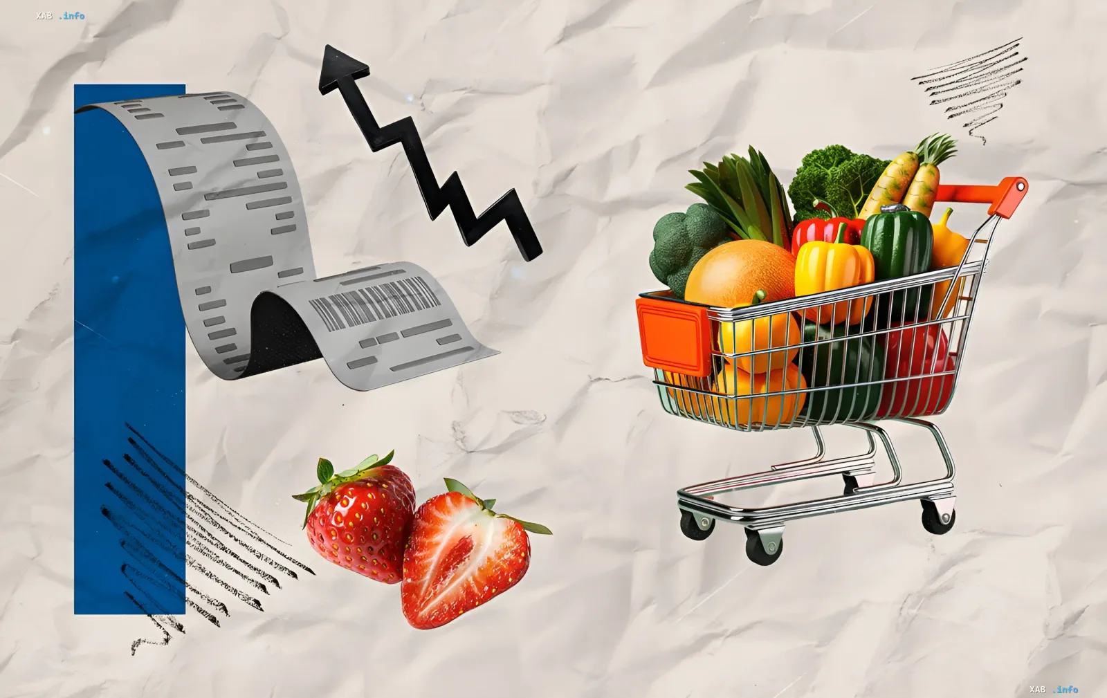 Инфографика о росте цен на продукты в украинских супермаркетах: корзина с овощами и фруктами, чек, стрелка вверх и клубника
