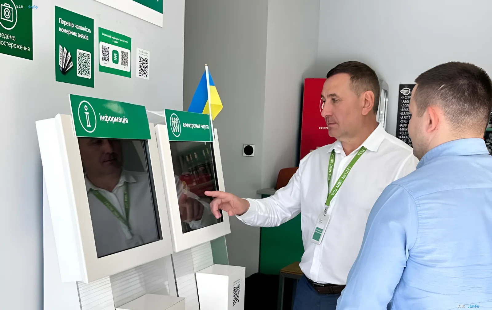 A man uses an electronic terminal in a Ukrainian Ministry of Interior office to check the status of his driver's license