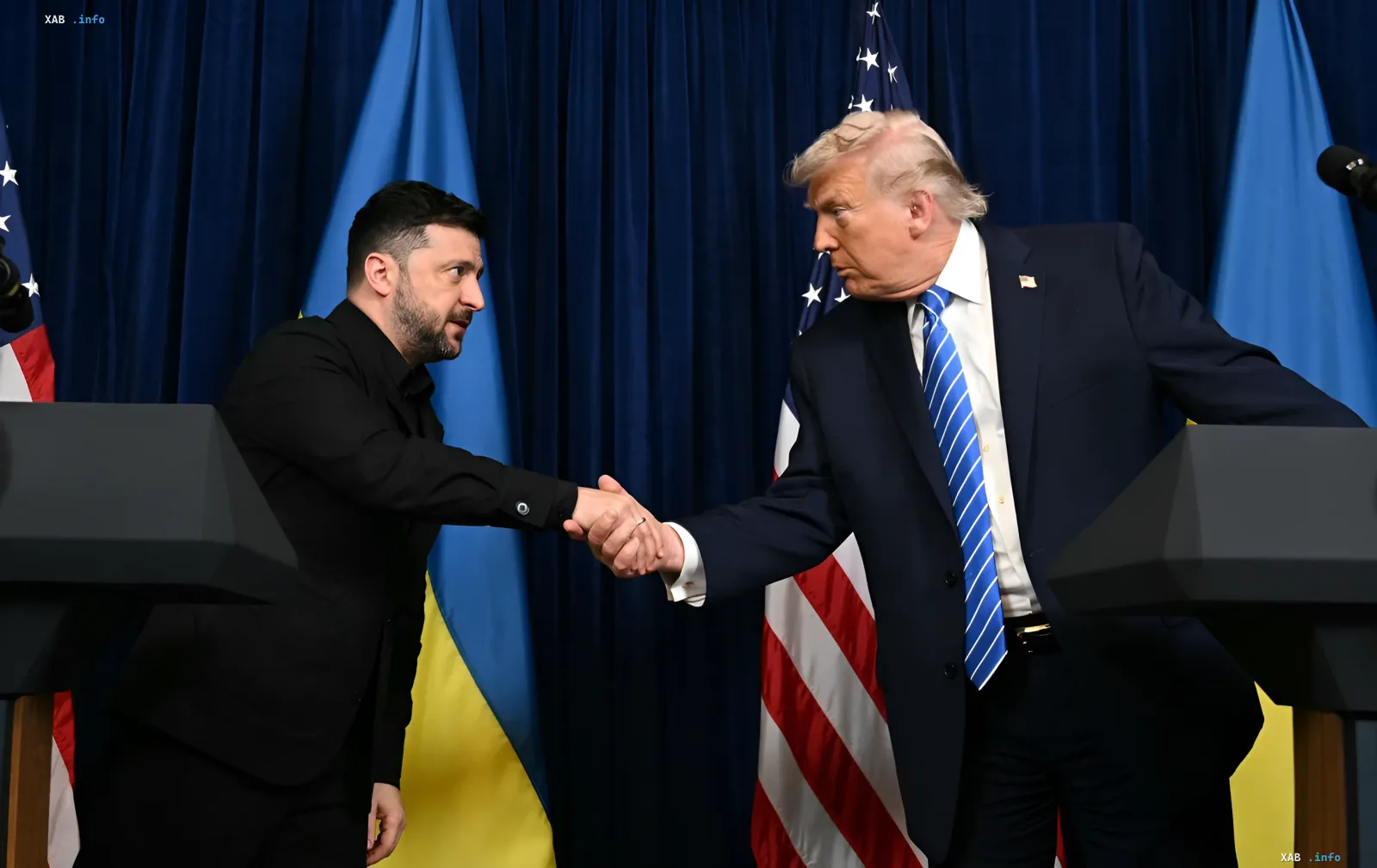 Zelenskyy and Trump shake hands in front of Ukrainian and US flags in Ankara, discussing air defense and Patriot production