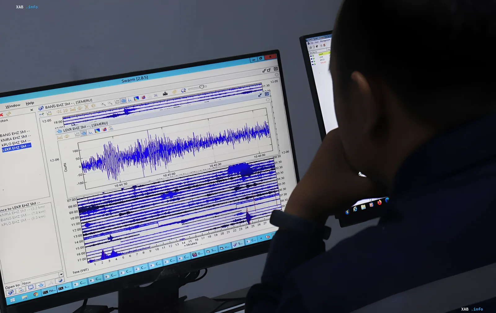 Specialist analyzes seismograms on a monitor in an earthquake monitoring center, tracking underground tremors in Khmelnytskyi Oblast in July 2026