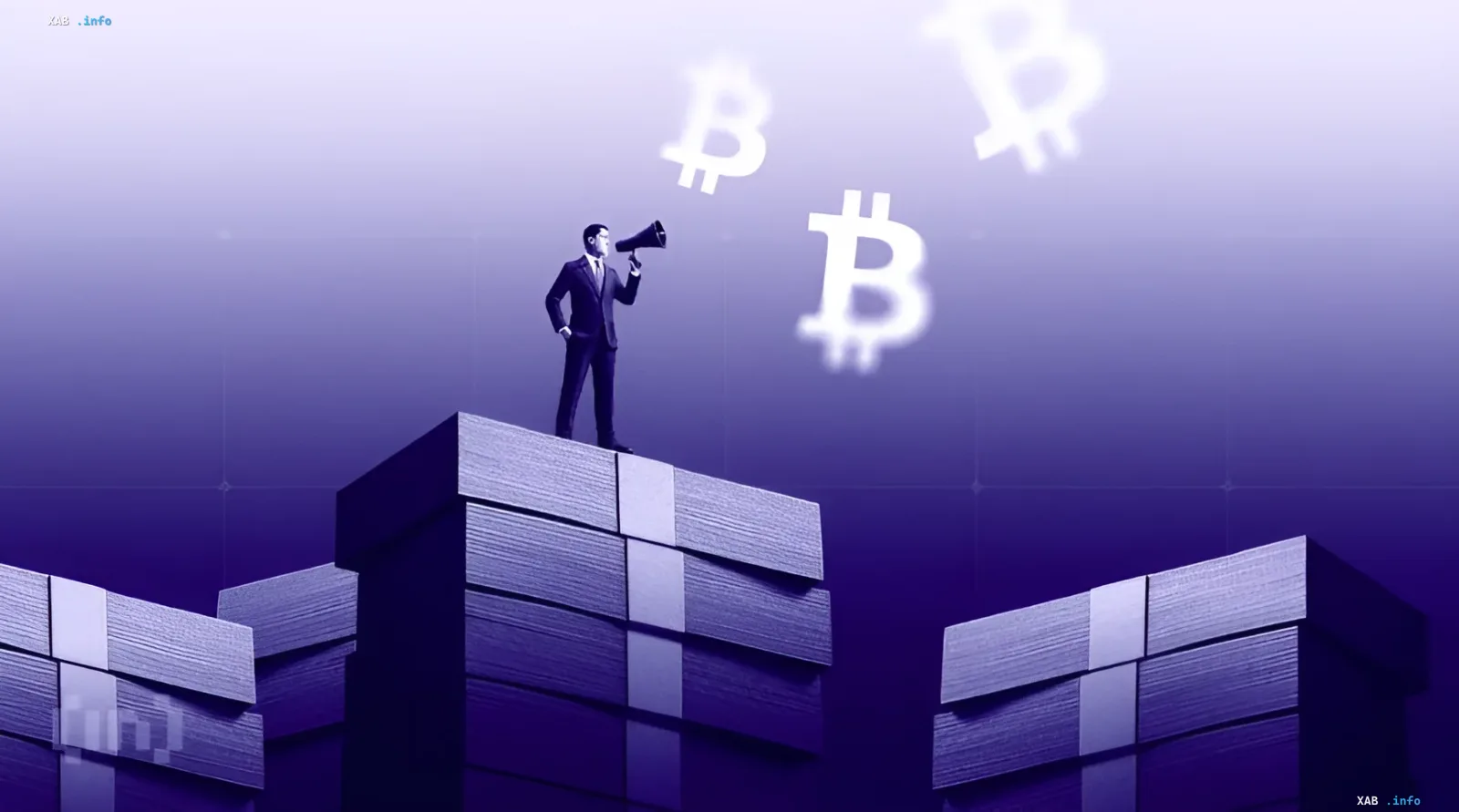 Businessman with megaphone against Bitcoin symbols and server racks, symbolizing the shift from mining to AI contracts