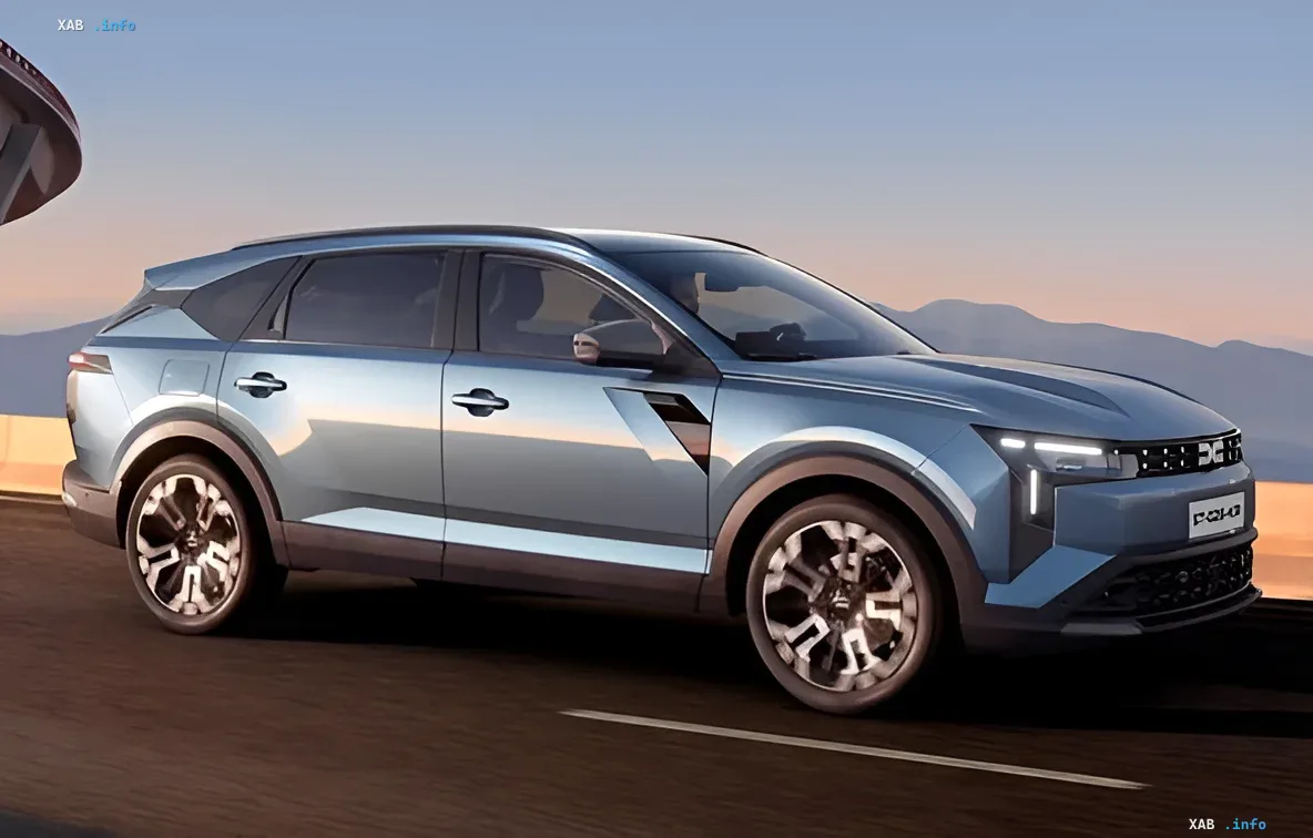 New Dacia Striker: blue crossover wagon in motion against a mountain backdrop
